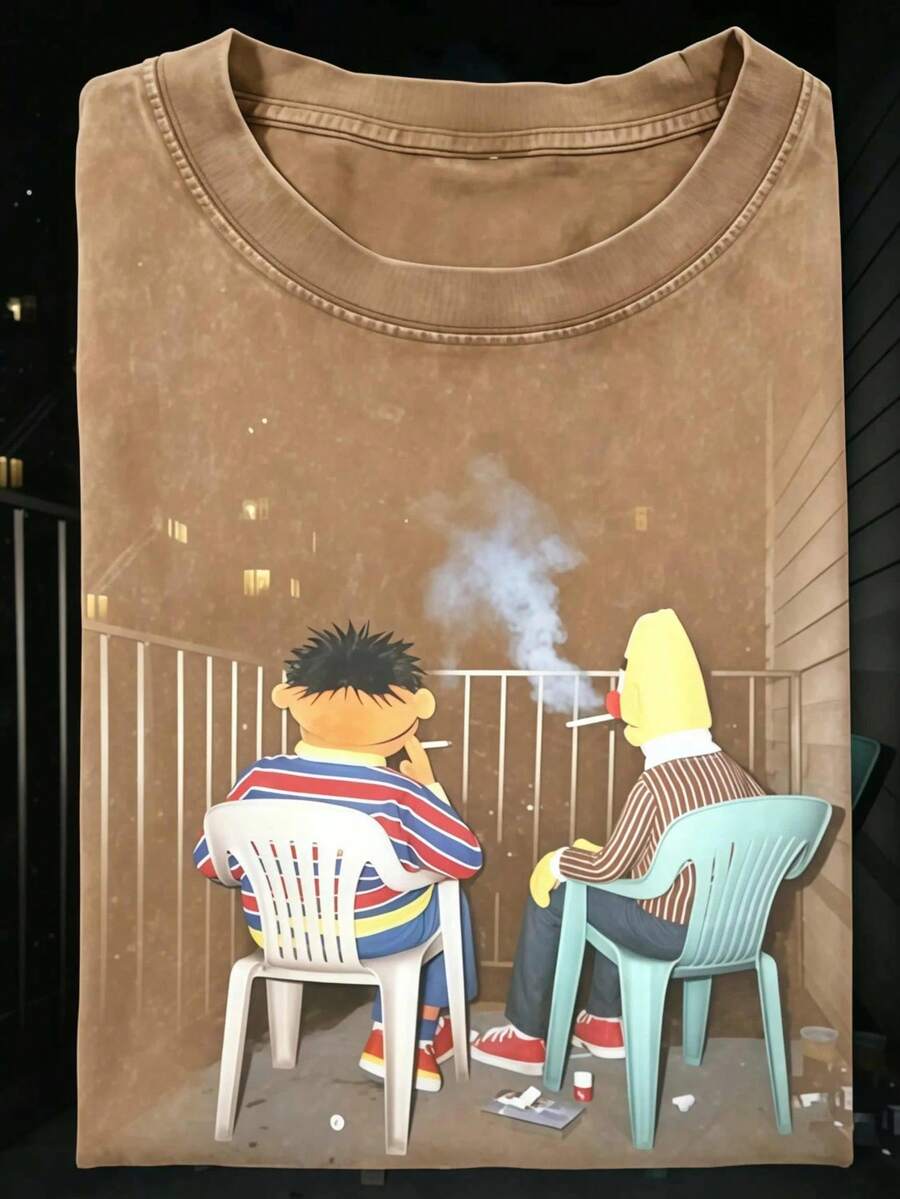 Two Cartoon Animal Balcony 2026 Summer Cotton Tee, Premium Pure Drop Shoulder Short Sleeve, Unisex Hip Hop Minimal Street Daily Top - 駝色 - 查看 1