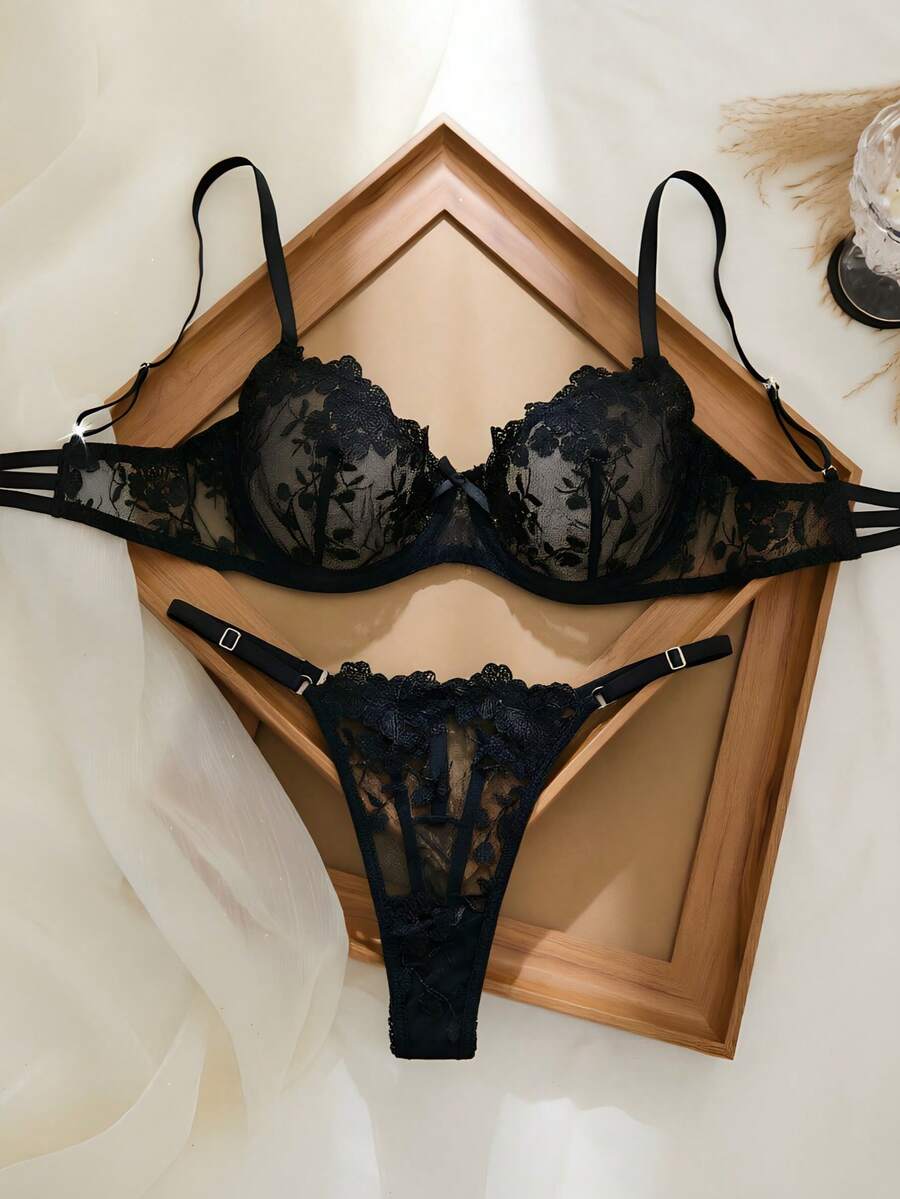 Halloween Style Sexy Transparent Floral Lace Lingerie Set For Women, Exquisitely Designed With Soft And Skin-Friendly Fabric, Available In 8 Vibrant Colors To Choose From. - 黑色 - 查看 1