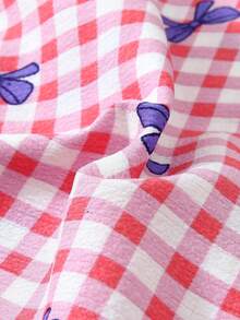 2pcs/Set Comfortable Plaid Bow Print Short Sleeve Top And Bow Shorts Women's Pajama Set, Suitable For All Seasons - Pink - View 7