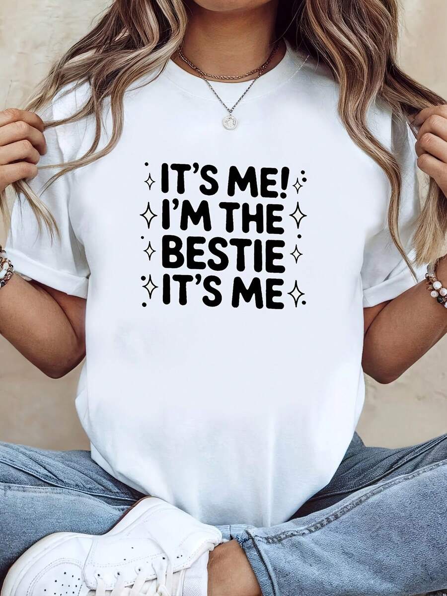 Women's T-Shirt, IT'S ME! I'm The Best Friend! Exclusive "IT'S ME" Print For Best Friends, White Short-Sleeved Crew Neck T-Shirt - Machine Washable, Suitable For All Seasons, Casual Style, Comfortable Fit, Modern Design, Versatile For Everyday Wear. AXZX - 白色 - 查看 1