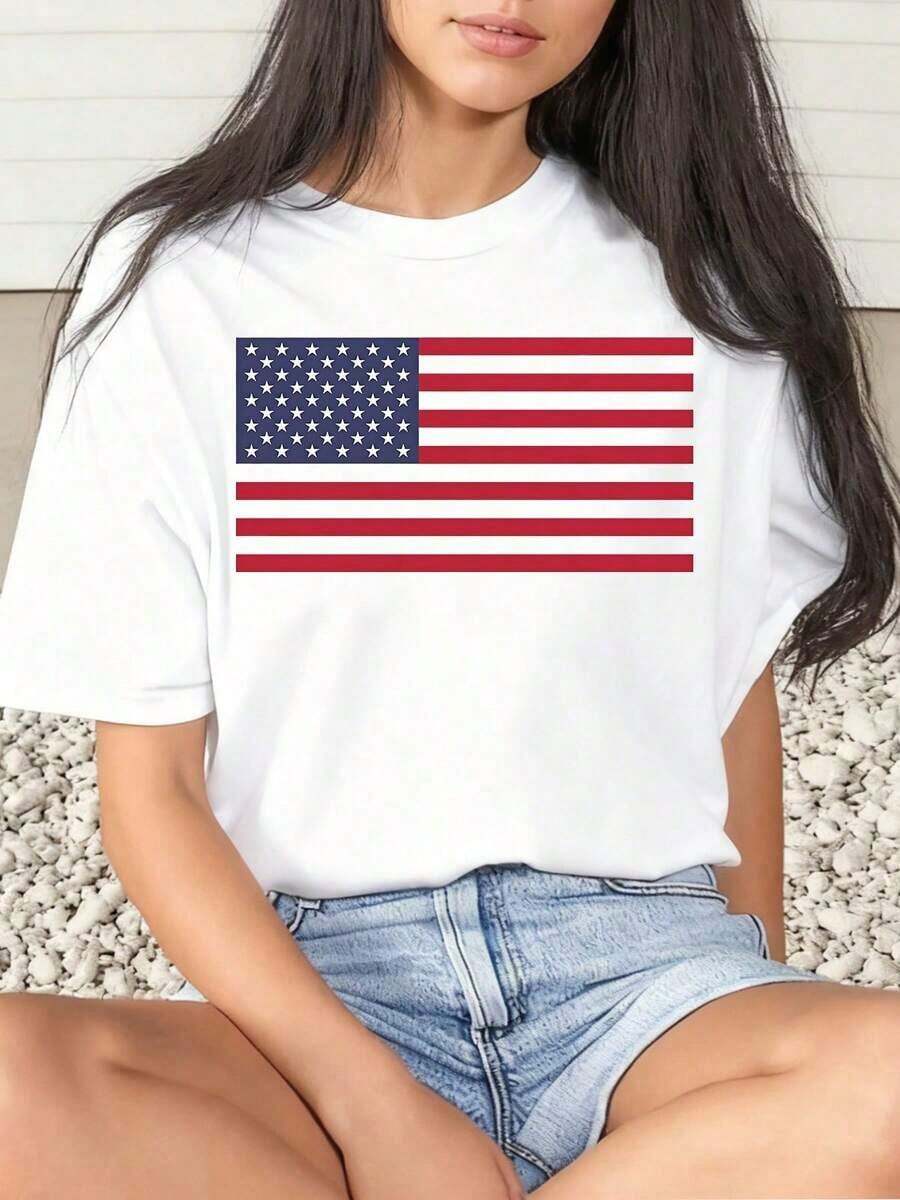 1 Piece Women's T-Shirt With American Flag Print, Casual For Everyday Wear, Round Neck, Short Sleeve, Soft And Comfortable, 220g/180g 100% Cotton - 白色 - 查看 1