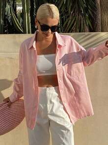 Blusa de mezclilla de manga larga y cuello vuelto holgada para mujer, chaqueta de mezclilla, ropa de mujer para otoño - Rosa - Ver 4