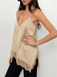 Top de tirantes de mujer con encaje y bajo asimétrico - Camel - Ver 6