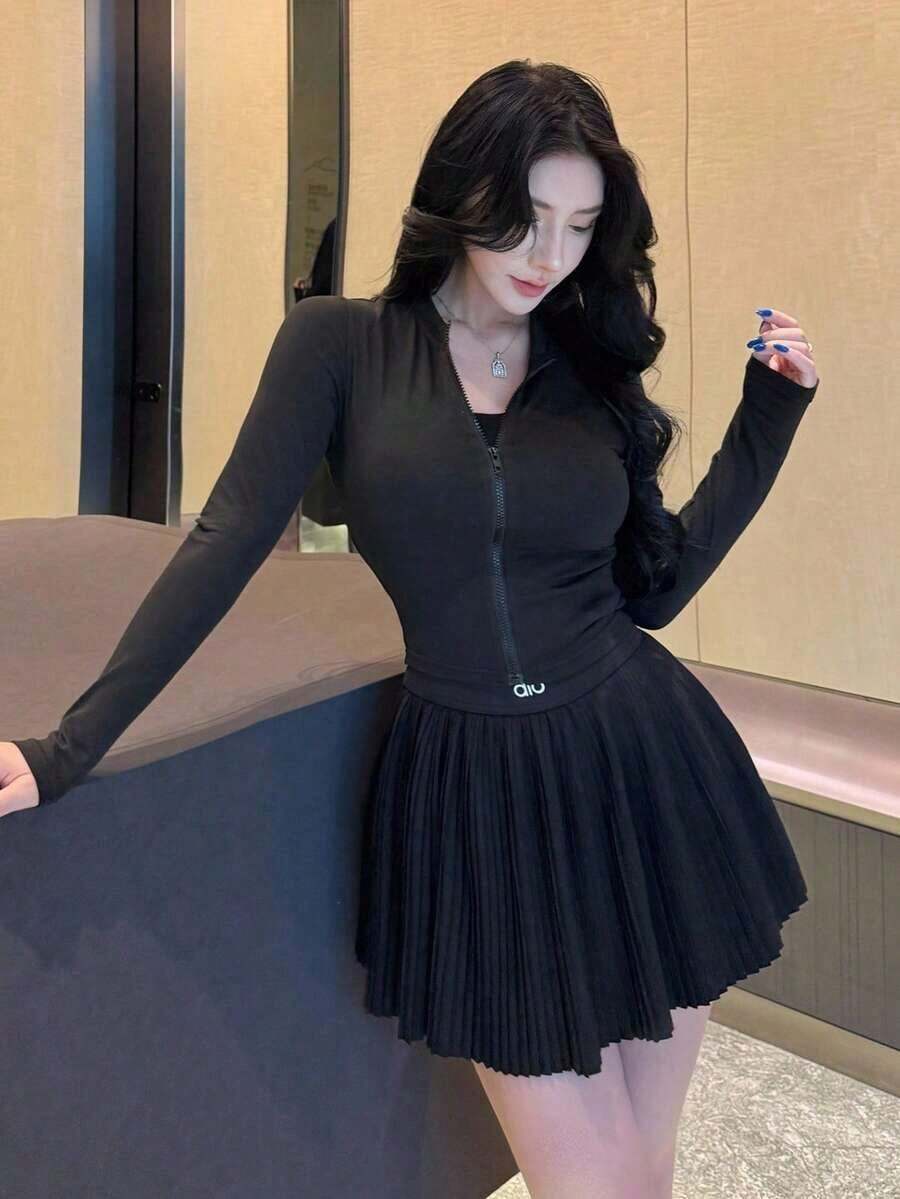 Chaqueta corta casual de verano de unicolor, de cuello redondo, de manga larga y con abertura frontal, ajustada para mujer - Negro - Ver 1