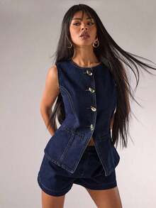 Blusa vaquera sin mangas con botones delanteros, casual y para ir al trabajo, para verano - Azul lavado oscuro - Ver 7