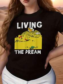 Pattern Showing A Cute Duck Resting On A Mountain Of Gold Coins Symbolizing Success And Abundance. Comfortable, Modern, Casual Women's Short-Sleeved T-Shirt Ideal For Everyday Wear. - 黑色 - 查看 6