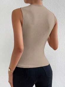 Blusa casual versátil con cuello alto y plisados para mujer - Caqui - Ver 2
