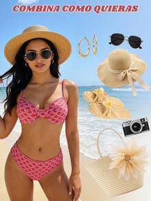 2 piezas traje de baño bikini para mujer,  traje de baño con aros y tirantes ajustables, braga tiro alto estampado floral ditsy fucsia, conjunto sexy moderno para playa vacaciones verano - Rojo - Ver 9