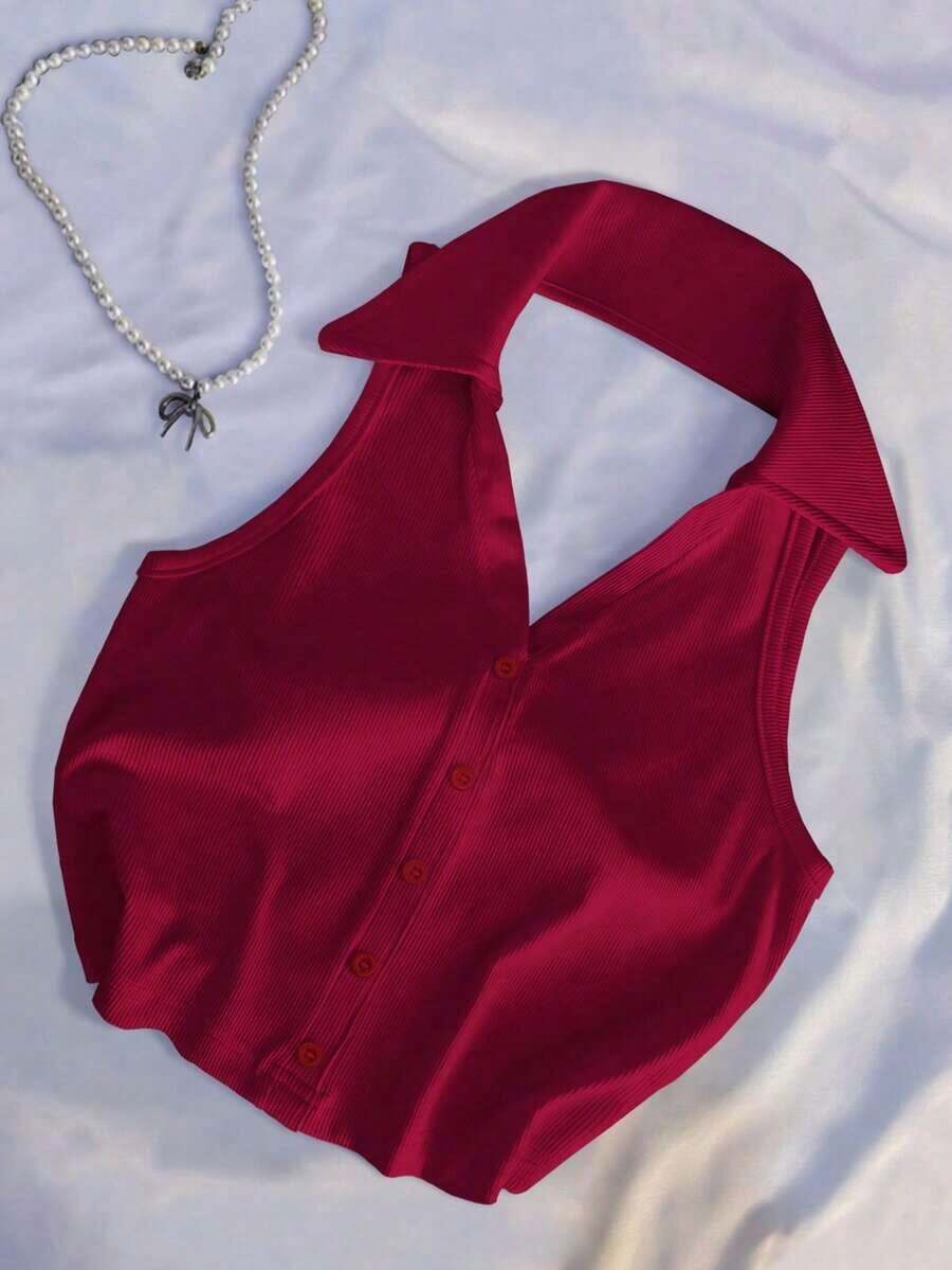 Blusa de mujer de moda casual y elegante con cuello polo, cuello vuelto, ajuste ceñido y escote en V sin espalda y sin mangas - Burdeos - Ver 1
