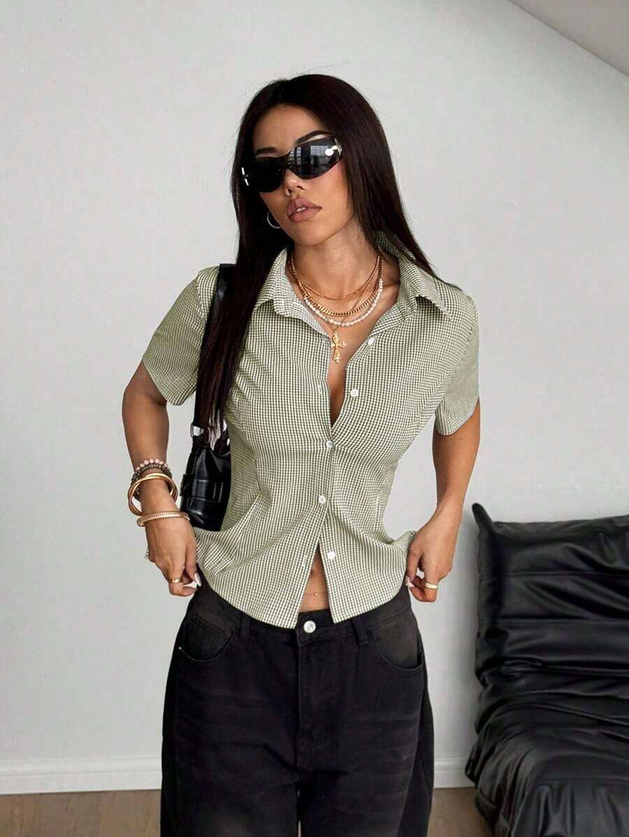 Camisa a cuadros casual de verano para mujer - Verde 3 - Ver 1