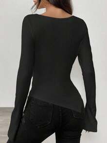 Suéter de invierno para mujer con escote pronunciado, se puede usar con cuello asimétrico, bajo asimétrico, top de punto. - Negro - Ver 2