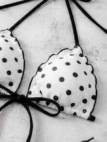 Conjunto de bikini de dos piezas con estampado de lunares, camiseta con lazo sexy y traje de baño para vacaciones en la playa para mujer - Blanco y Negro - Ver 5