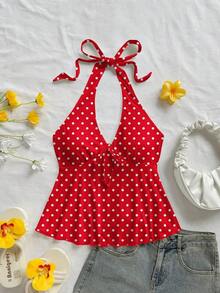 Blusa de mujer casual de vacaciones con cuello en V, lazo y espalda descubierta, apropiada para vacaciones de verano - Amarillo claro - Ver 5