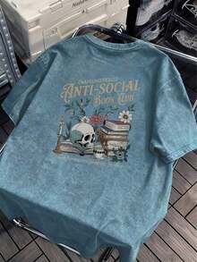 Vintage Distressed Skull Print Short-Sleeve T-Shirt, Dark Art Style, Antisocial Book Club Vibe. Loose Fit, Plus Size Retro T-Shirt, Plus Size Crew Neck T-Shirt, Spring/Summer Essential, Layerable In Winter, Women's Top, Autumn/Winter, Comfortable And Fitted, Fall/Winter Clothing, Everyday Wear. Casual Black - 皇家藍 - 查看 5