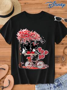 Disney 1pc Men's Mickey Mouse & Minnie Mouse Cartoon Print Short Sleeve T-Shirt, Round Neck, Stretchy, Suitable For Daily Wear, Easy Care Material, Fashionable Casual Men's T-Shirt, Short Sleeve Tee - Black - View 1