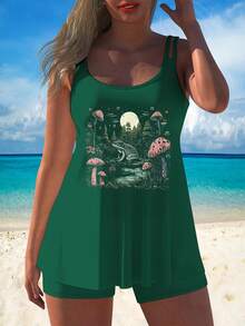 Cottagecore Aesthetic Frog, Moon And Mushrooms Pagan Tankini Swimsuit Funny Swimwear Pool Party Swimsuit Summer Vacation Bathing Suit High Neck Halter Bikini Set 9TYQ - 綠色 - 查看 12
