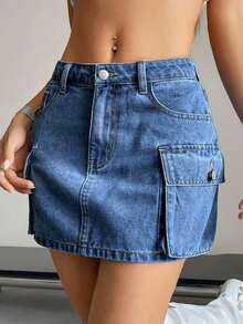 Falda vaquera de cargo de unicolor de verano para mujer - Lavado ligero - Ver 7