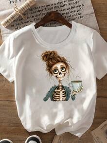 Temática de Festival: Camiseta Estampada de Manga Corta para Mujer: Calavera - Negro - Ver 4