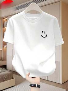 Camiseta  hombre algodón con estampado de cara alegre, estilo ligero de verano, algodón transpirable, prenda superior de moda - Blanco - Ver 1