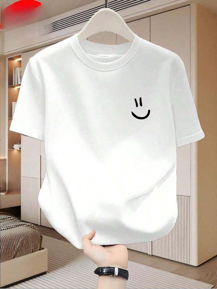 Camiseta hombre algodón con estampado de cara alegre, estilo ligero de verano, algodón transpirable, prenda superior de moda - Blanco - Ver 1