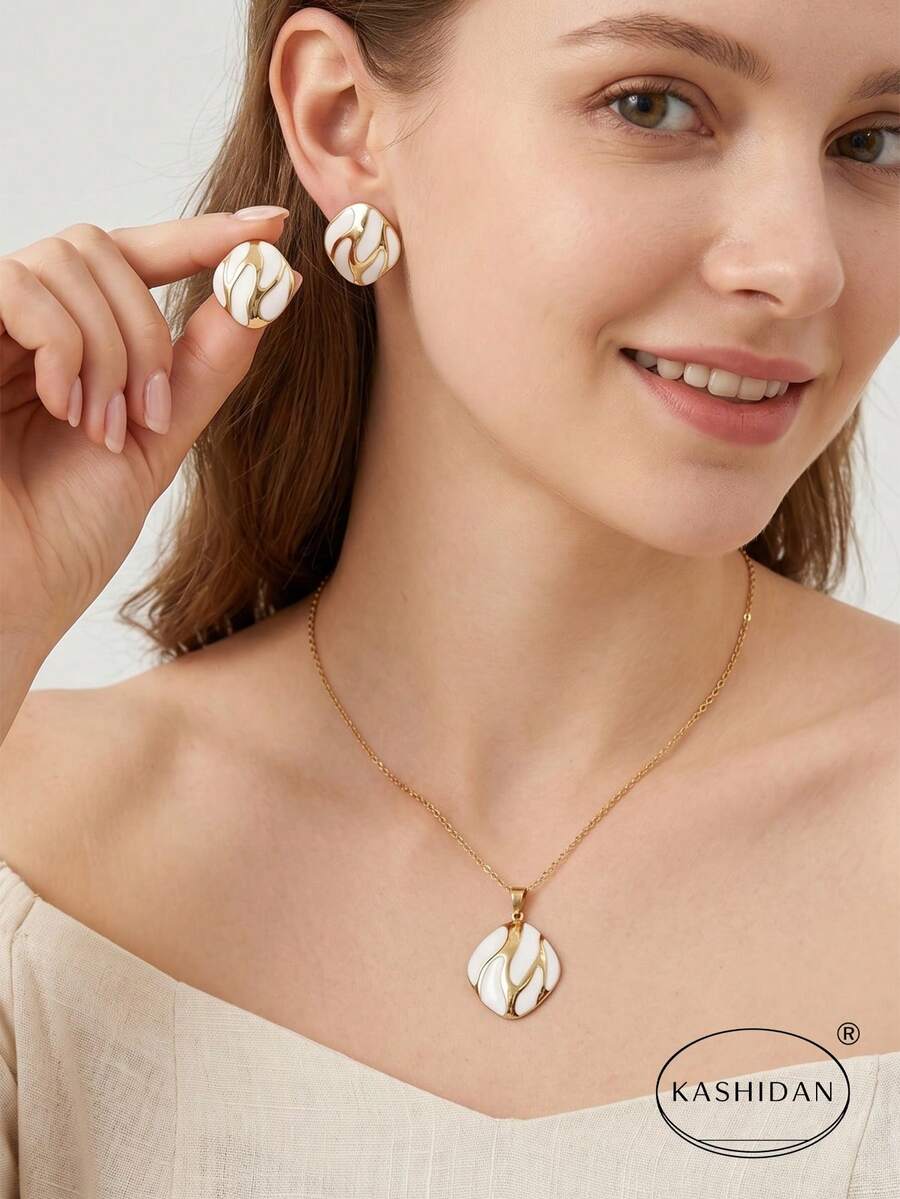 KASHIDAN 3 Sets Stylish Minimalist Abstract Wavy Enamel Earrings And Necklace Gift Set, Fashionable And Light Luxury Earrings And Necklace With And In A Versatile And Unique Design