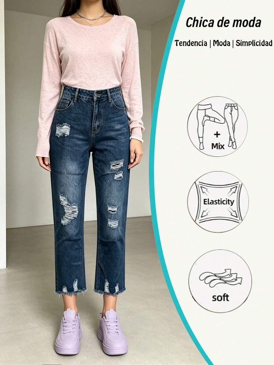Jeans De Mezclilla Mujer Pantalon De Mezclilla Dama Mom Jeans Mujer Pantalones De Mujer Con Roturas Estilo Vintage - Pantalones vaqueros 2063-1 - Ver 1