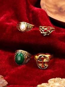Set de 4 anillos de resina geométricos de cruz minimalistas, de alta gama, versátiles, de estilo punk y hip-hop, elegantes y únicos, adecuados para uso diario, festivales y fiestas - Multicolor - Ver 6
