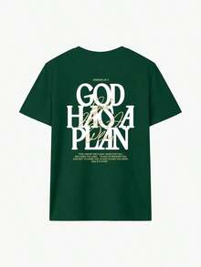Camiseta de manga corta beige con cuello redondo, estampado gráfico de letras, estilo casual, holgada y versátil para mujer, ideal para el verano y el uso diario. - Verde Oscuro - Ver 2