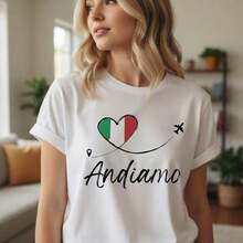 Camiseta de algodón con estampado de viajes por Italia para mujer, cuello redondo, manga corta, estilo casual, con diseño de bandera de corazón "Andiamo", tela suave y transpirable, tallas S-5XL, ideal para vacaciones, uso diario, regalo para amantes de los viajes. Adecuada para primavera, verano y otoño. - Blanco - Ver 7