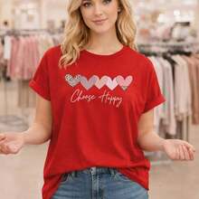 Women's Plus Size Cotton T-Shirt, M-5XL, Basic T-Shirt With Rose Gold Heart Print, Short Sleeve, Round Neck, Casual Style, Loose Fit, Summer Fashion, Plus Size Clothing For Everyday Wear, Suitable For Spring, Summer And Autumn. - 紅色 - 查看 7