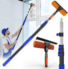 Professional Window Cleaning Kit With Telescoping Extension Pole, 2 In 1 Window Squeegee And Microfiber Scrubber, High Reach Glass Cleaner Tool For Home Windows Shower Doors Car Windshields Silver - 20FT - Xem 1