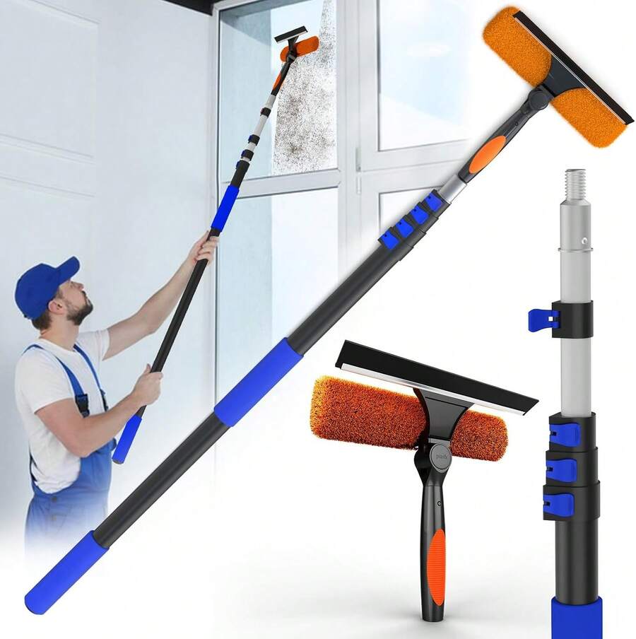Professional Window Cleaning Kit With Telescoping Extension Pole, 2 In 1 Window Squeegee And Microfiber Scrubber, High Reach Glass Cleaner Tool For Home Windows Shower Doors Car Windshields Silver - 20FT - Xem 1