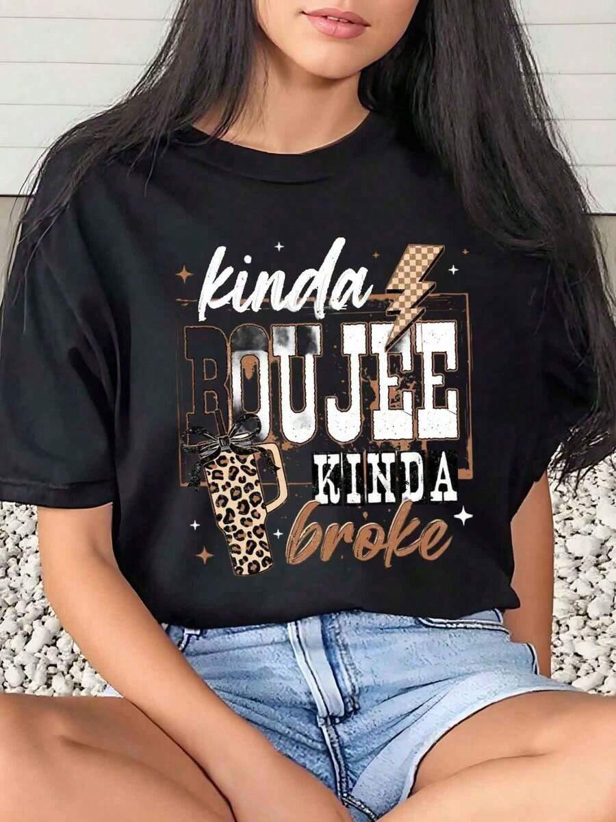 1 Piece Women's T-Shirt With Leopard Print And "Kinda Boujee Kinda Broke" Text, Casual For Daily Wear, Round Neck, Short Sleeve, Soft And Comfortable, 220g/180g, 100% Cotton - 黑色 - 查看 1