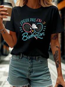 No puedo, tengo bádminton - Un diseño creativo para camisetas de mujer de cuello redondo para primavera y verano con temática de la energía y diversión del bádminton. - Negro - Ver 6