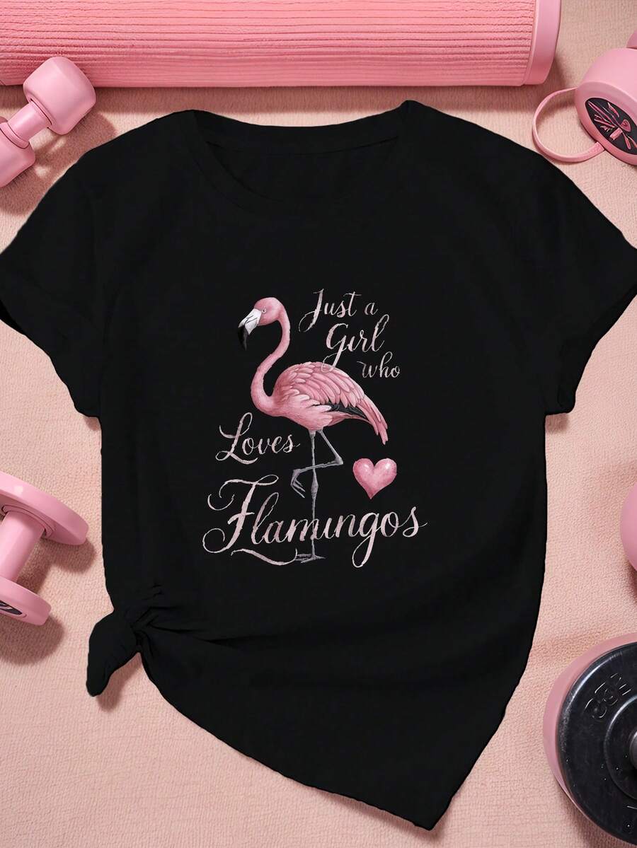 Camiseta deportiva de manga corta para mujer de talla Flamingo Heart - Negro - Ver 1