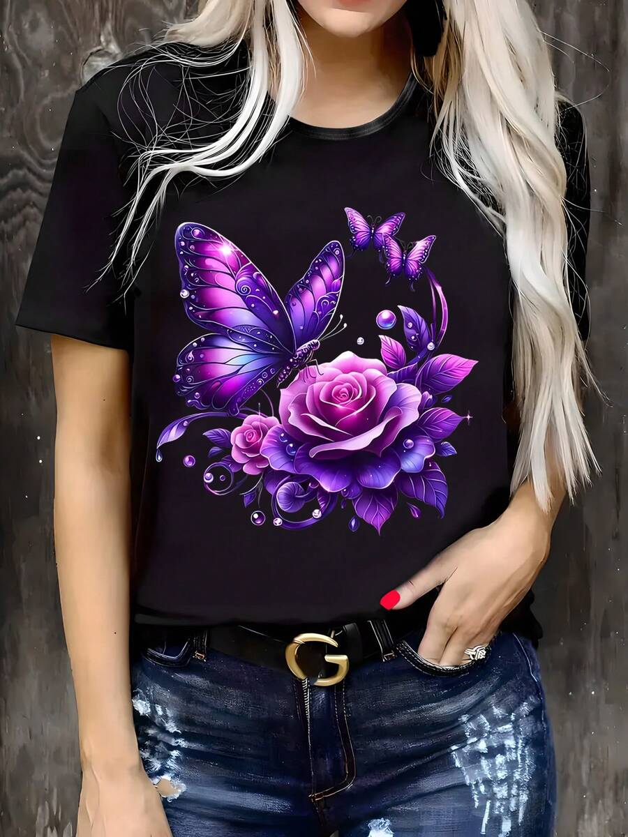Unisex Plus Size Floral Graphic T-Shirt - Purple Roses & Butterflies Print, 100% Cotton Crew Neck Short Sleeve Top | Elegant Design On Black | Lightweight For Everyday & Formal Wear - 黑色 - 查看 1