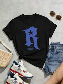 Women's Summer Casual Soft Round Neck Short Sleeve T-Shirt,The Star Letter R Print Graphic Is Suitable For Daily Wear In Spring And Summer.Black - Black - View 5