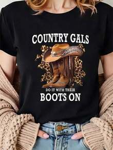Comfortable And Loose-Fitting Women's T-Shirt With A Country-Style Cowboy Boot Print. This Summer Cotton T-Shirt Features A Round Neck, A Casual Short-Sleeved Top, And A Unique Style Perfect For Everyday Wear. Its Loose And Soft Fit Makes It Ideal For Vacations. The Fresh Floral Print Effortlessly Captures The Vibrancy Of Summer. This Loose-Fitting And Versatile Short-Sleeved T-Shirt Is Perfect For Women. - 黑色 - 查看 11