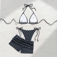 Nuevo conjunto de bikini de tres piezas para mujer, sexy, con tiras de lunares, negro, con cordones, para la playa en verano. - Blanco - Ver 5