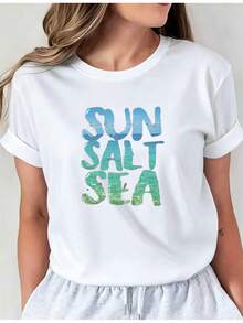 Women's Colorful Short Sleeve V-Neck T-Shirt, Spring/Summer Fashion, SUN SALT SEA Letter Print, 1-Pack, Stylish Colorful Short Sleeve V-Neck T-Shirt, Casual Round Neck Top 6067I01, Comfortable Women's Clothing. S2PB - 白色 - 查看 6