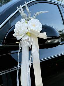 1PC Elegant Rose Satin Bow Wedding Car Decoration, Trailing Ribbon Flower Ornament For Car Mirror/Door Handle, Romantic Bridal Wedding Party Decor - Multicolor - View 13
