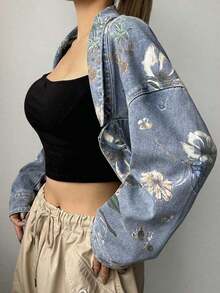 Chaqueta vaquera con estampado floral y cuello abierto, estilo Y2K para mujer - Azul lavado medio - Ver 1