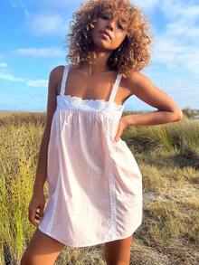 Women's White Cotton Lace Trim Babydoll Nightgown Spaghetti Strap Square Neck Loose Fit Mini Slip Dress Vintage Chemise Sleepwear for Loungewear Bridal Nightwear Beach Cover-Ups  Feminine Summer Outfits - Rosa - Ver 2
