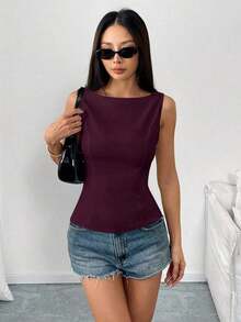 Camisa tipo camisola ajustada sin mangas con espalda abierta y lazo, unicolor.Elegante, informal, sexy y minimalista para oficina y negocio.Primavera/Verano - Burdeos - Ver 3