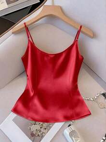 Chaleco sin mangas de mujer de tela tejida brillante, ajuste ceñido, apto para uso diario y para capas, primavera/otoño/invierno - Rojo - Ver 2