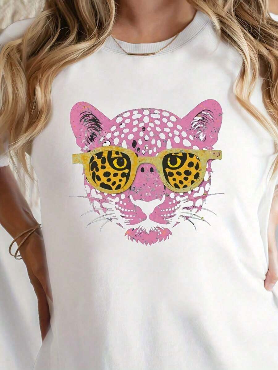Casual Short Sleeve T-Shirt With Pink Leopard Print For Spring And Summer, Women's Clothing, Round Neck, 100% Cotton, Soft Fabric, Short Sleeve - 白色 - 查看 1