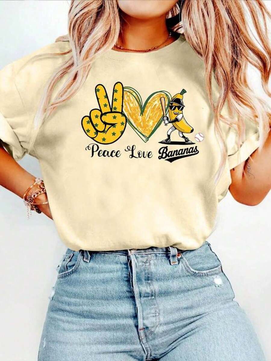 Women's Casual Short Sleeve T-Shirt With Round Neck And Banana Graphic Print Peace Love, Summer Top - 杏色 - 查看 1