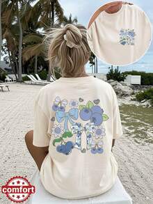 [Double-Sided Print] Women's Spring And Summer Top, Beach Fashion, Cool Style, Blueberry Print, Bow, Flowers And Hearts, Casual Short Sleeve Round Neck T-Shirt - 杏色 - 查看 12