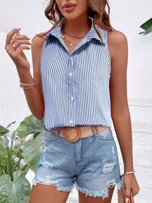 Blusa suelta de mujer casual de un solo botonadura a rayas azules y blancas sin mangas - Azul y blanco - Ver 4