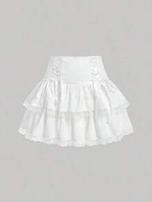 MOD Falda midi con volantes de doble capa con tirantes, falda blanca, falda de verano - Blanco - Ver 5